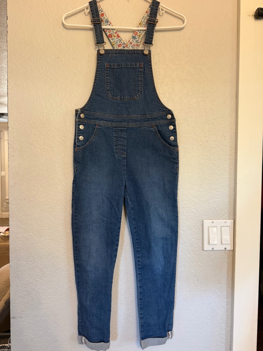 Mini Boden Blue Denim Overalls with Floral Strap Accent Size 9-10 Y